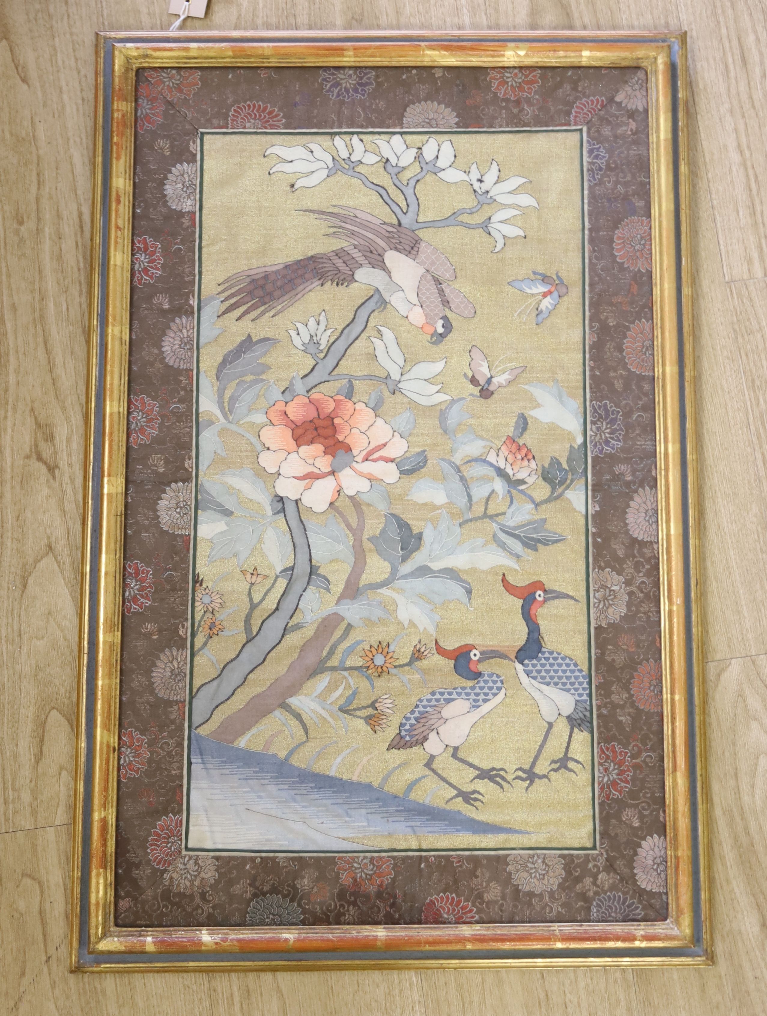 A Chinese silk Kesi panel, gold ground,